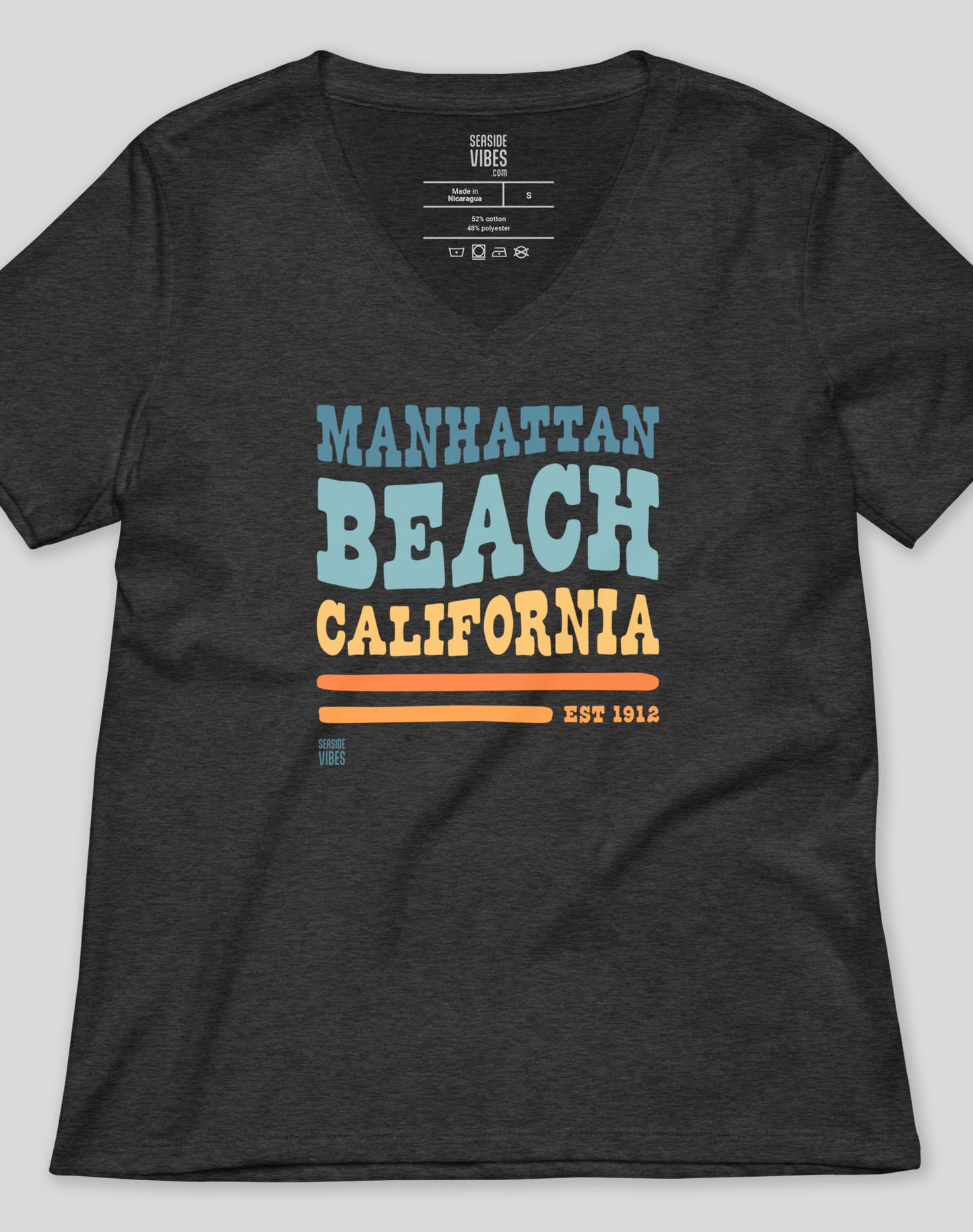 V-Neck: Manhattan Beach Vibes Tee - Dark Grey Heather