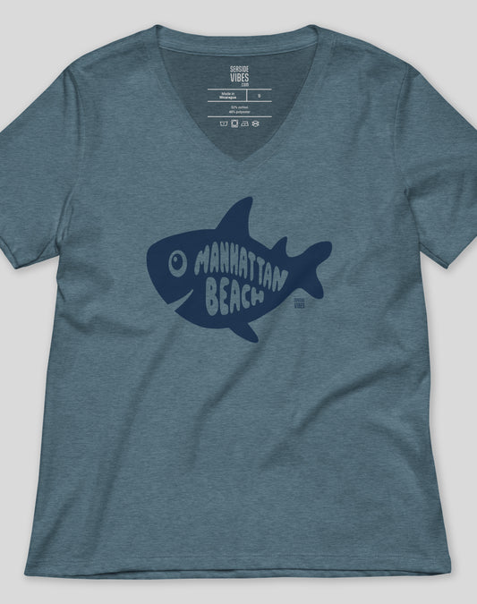 V-Neck: Manhattan Beach Shark Tee - Heather Slate