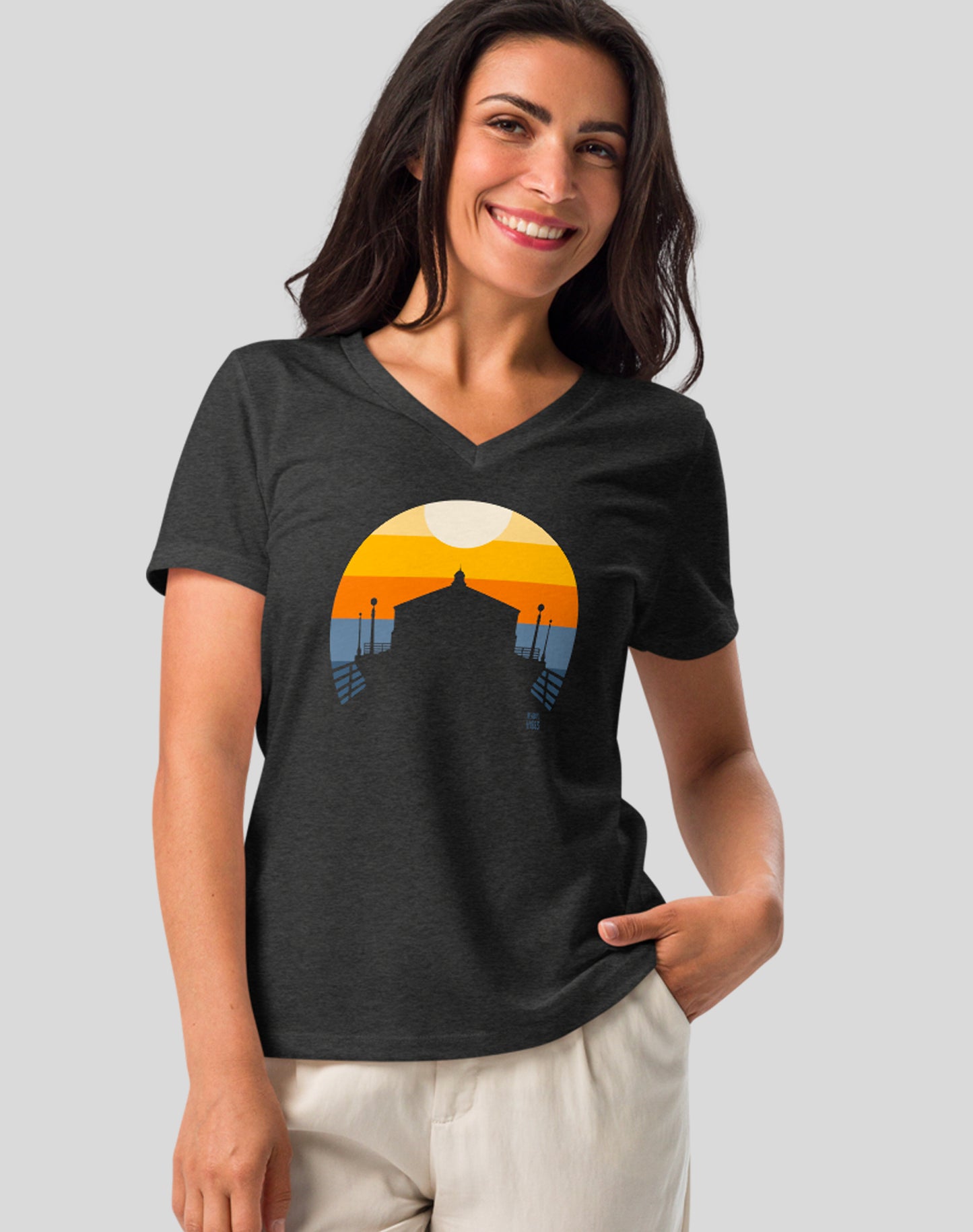 V-Neck: Manhattan Beach Pier Sunset Tee - Dark Grey Heather