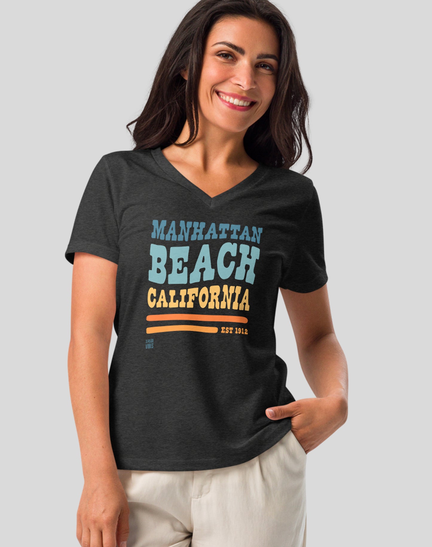 V-Neck: Manhattan Beach Vibes Tee - Dark Grey Heather