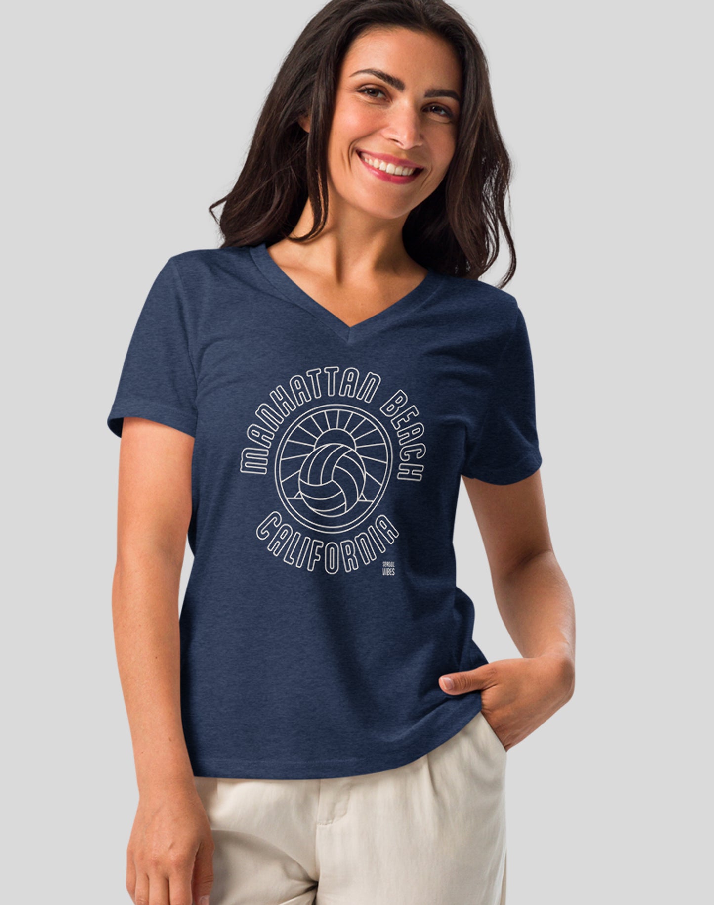 V-Neck: Manhattan Beach Volleyball Sunset Tee - Heather Navy