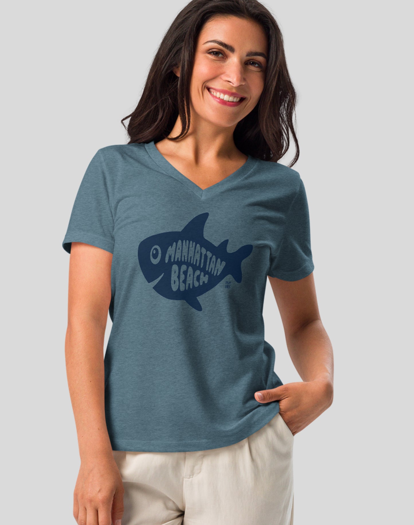 V-Neck: Manhattan Beach Shark Tee - Heather Slate
