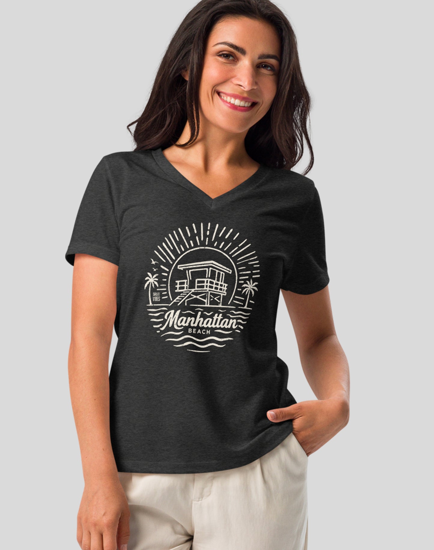 V-Neck: Manhattan Beach Sunrise Session Tee - Dark Grey Heather