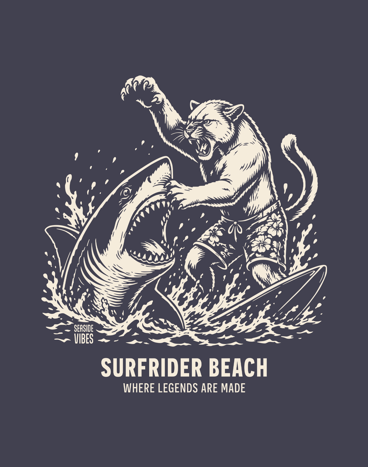 Unisex: Surfrider Beach Shark vs Mountain Lion Legends Tee - 100% Cotton | Navy