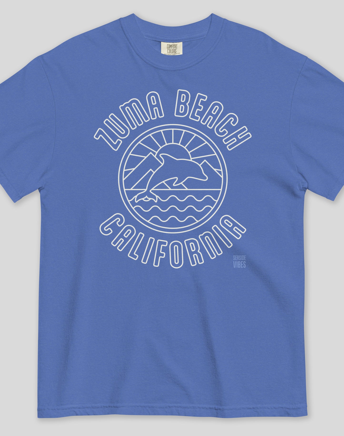 Unisex: Zuma Beach Dolphin Sunrise Tee - 100% Cotton | Mystic Blue