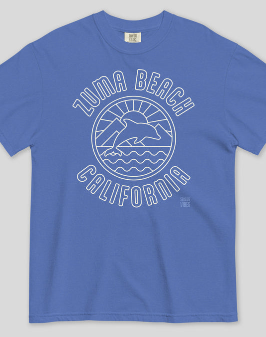 Unisex: Zuma Beach Dolphin Sunrise Tee - 100% Cotton | Mystic Blue