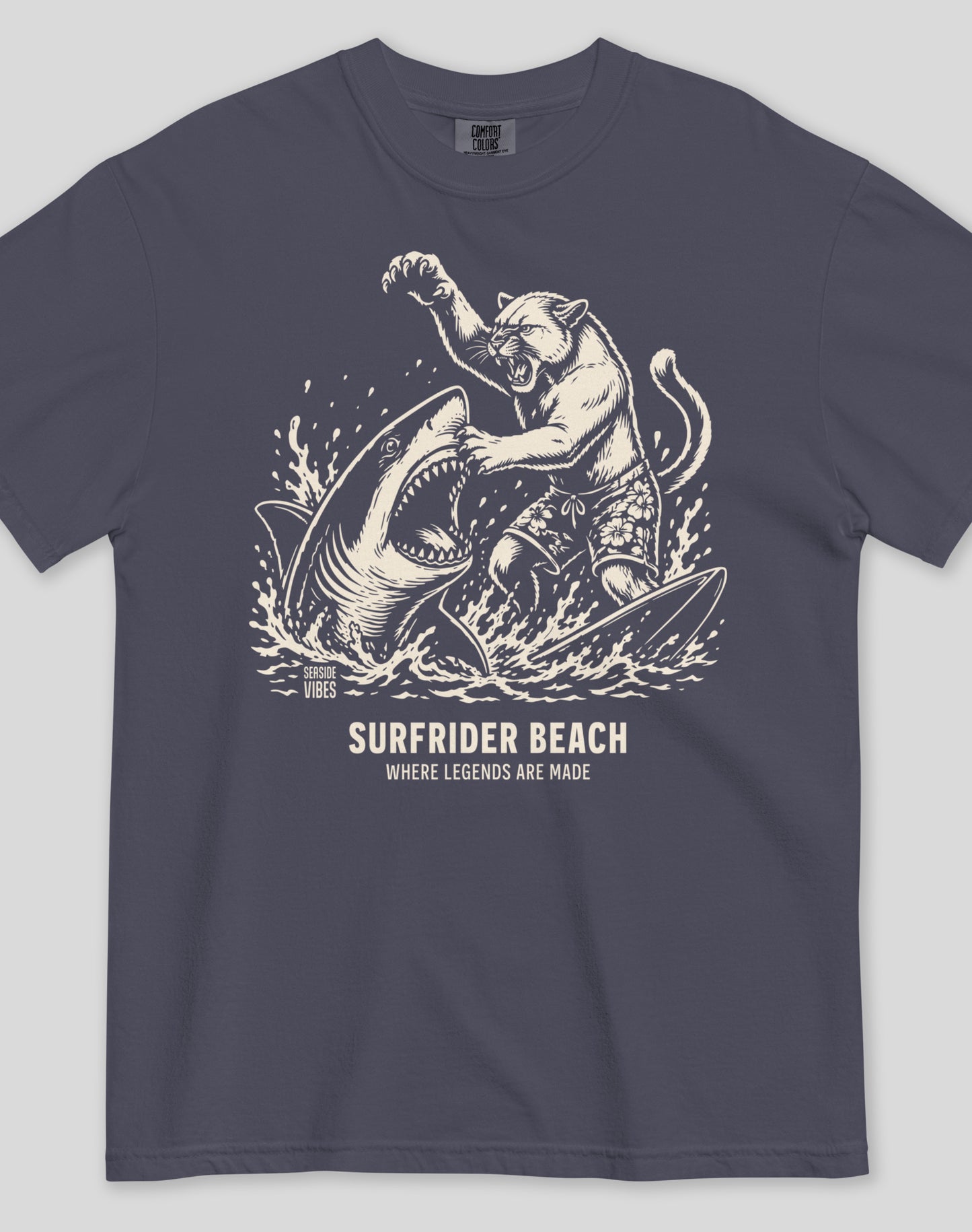 Unisex: Surfrider Beach Shark vs Mountain Lion Legends Tee - 100% Cotton | Navy