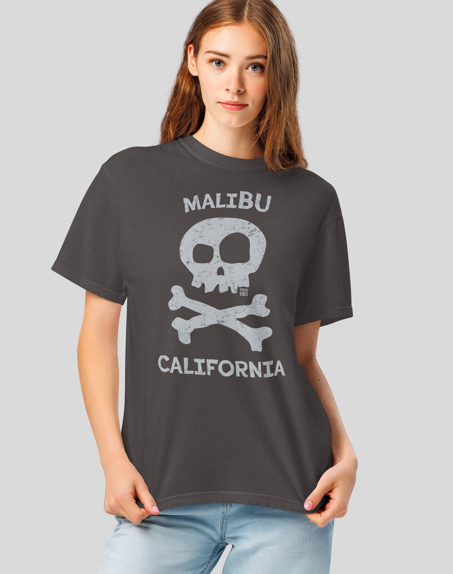 Unisex: Malibu Skull & Bones Tee - 100% Cotton | Graphite
