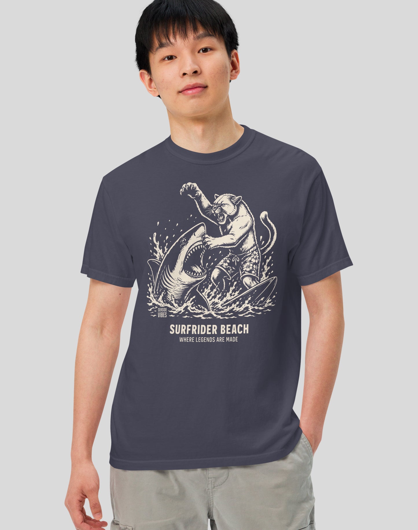 Unisex: Surfrider Beach Shark vs Mountain Lion Legends Tee - 100% Cotton | Navy