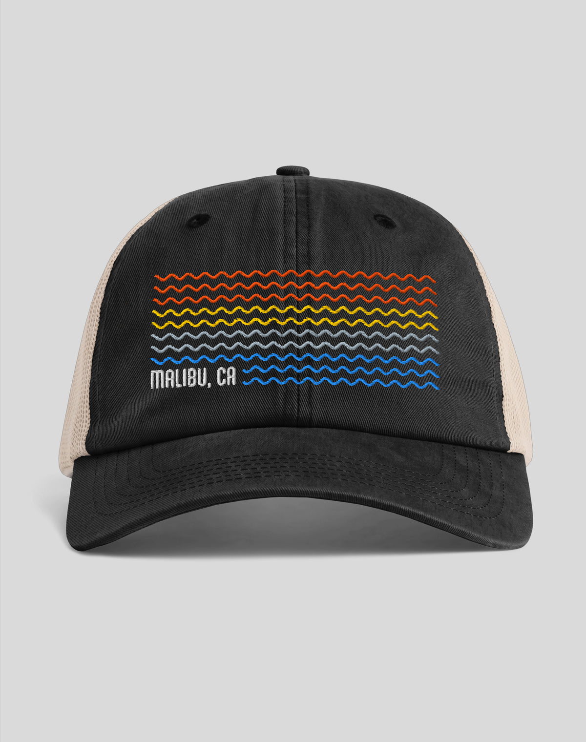 Malibu Sunset Waves Sunwashed Trucker Hat | Black/Tan
