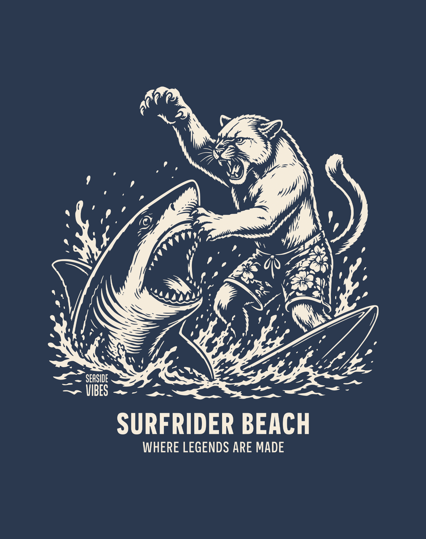 Surfrider Beach Shark vs Mountain Lion Legends Tee - Cotton Blend | Midnight Navy