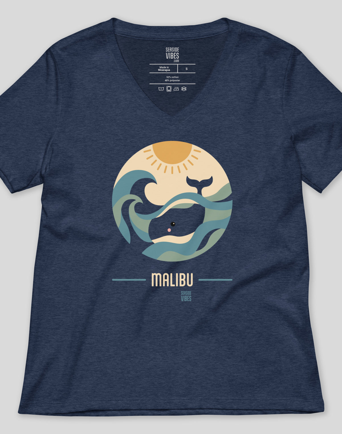 V-Neck: Malibu Whale Sunset Tee - Heather Navy
