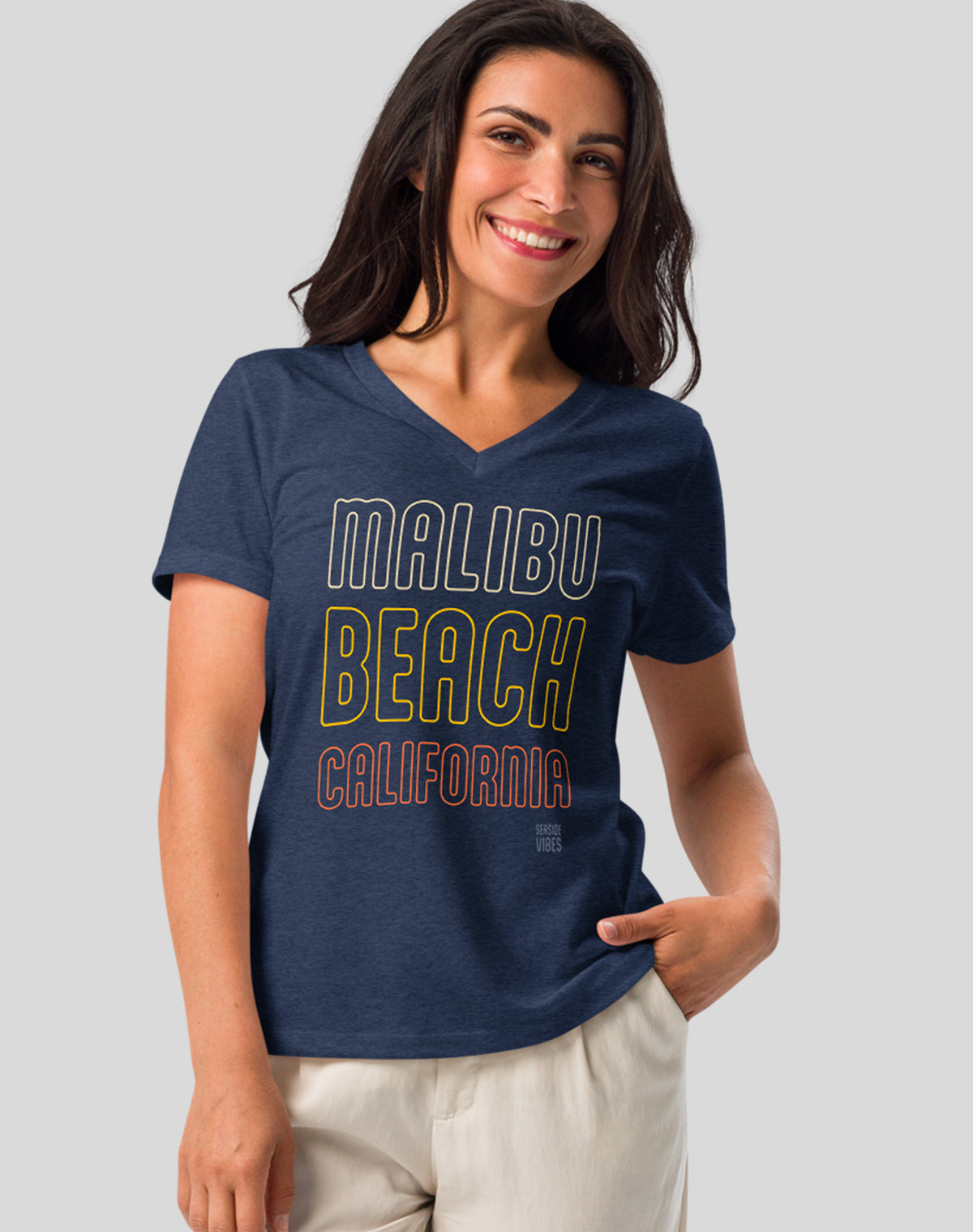 V-Neck: Malibu Beach Neon Tee - Heather Navy