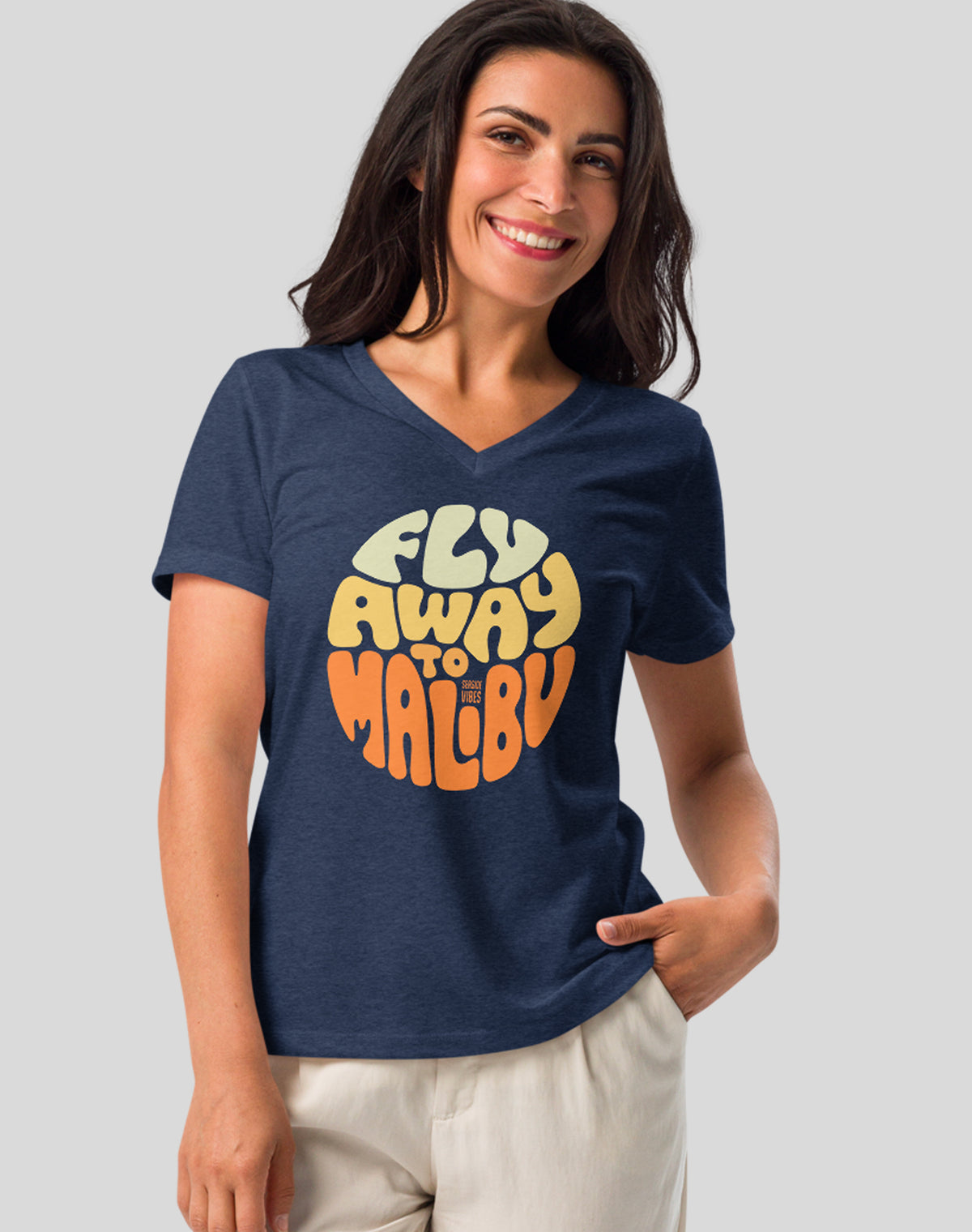V-Neck: Fly Away to Malibu Tee - Heather Navy