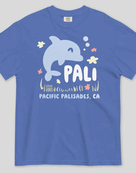 Unisex: Pacific Palisades Happy Dolphin Tee - 100% Cotton | Mystic Blue