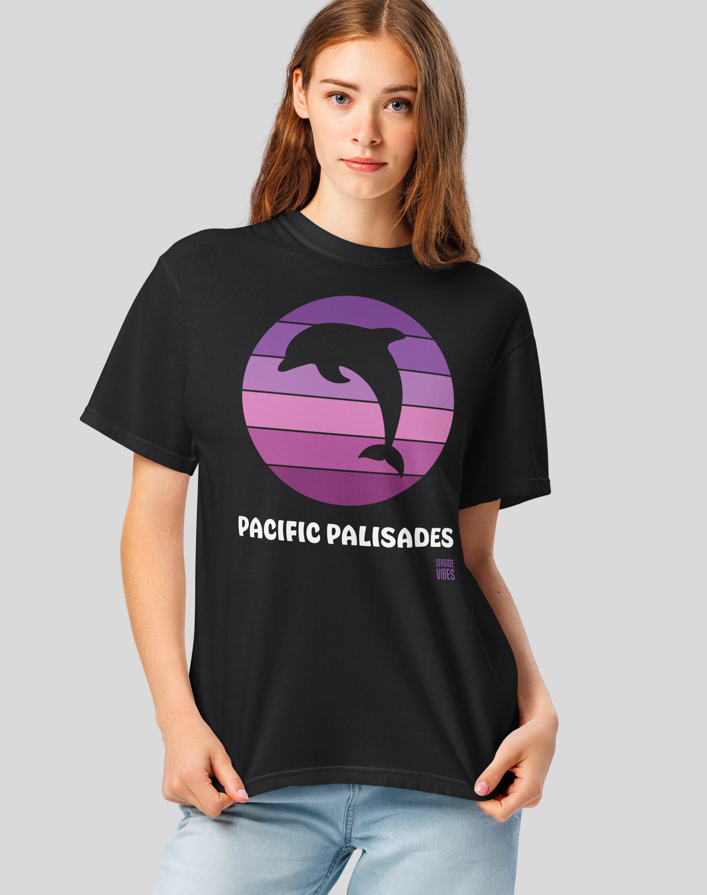 Unisex: Pacific Palisades Dolphin Sunset Tee - 100% Cotton | Black