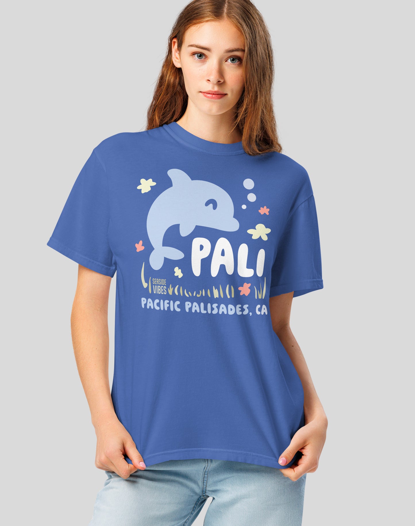 Unisex: Pacific Palisades Happy Dolphin Tee - 100% Cotton | Mystic Blue