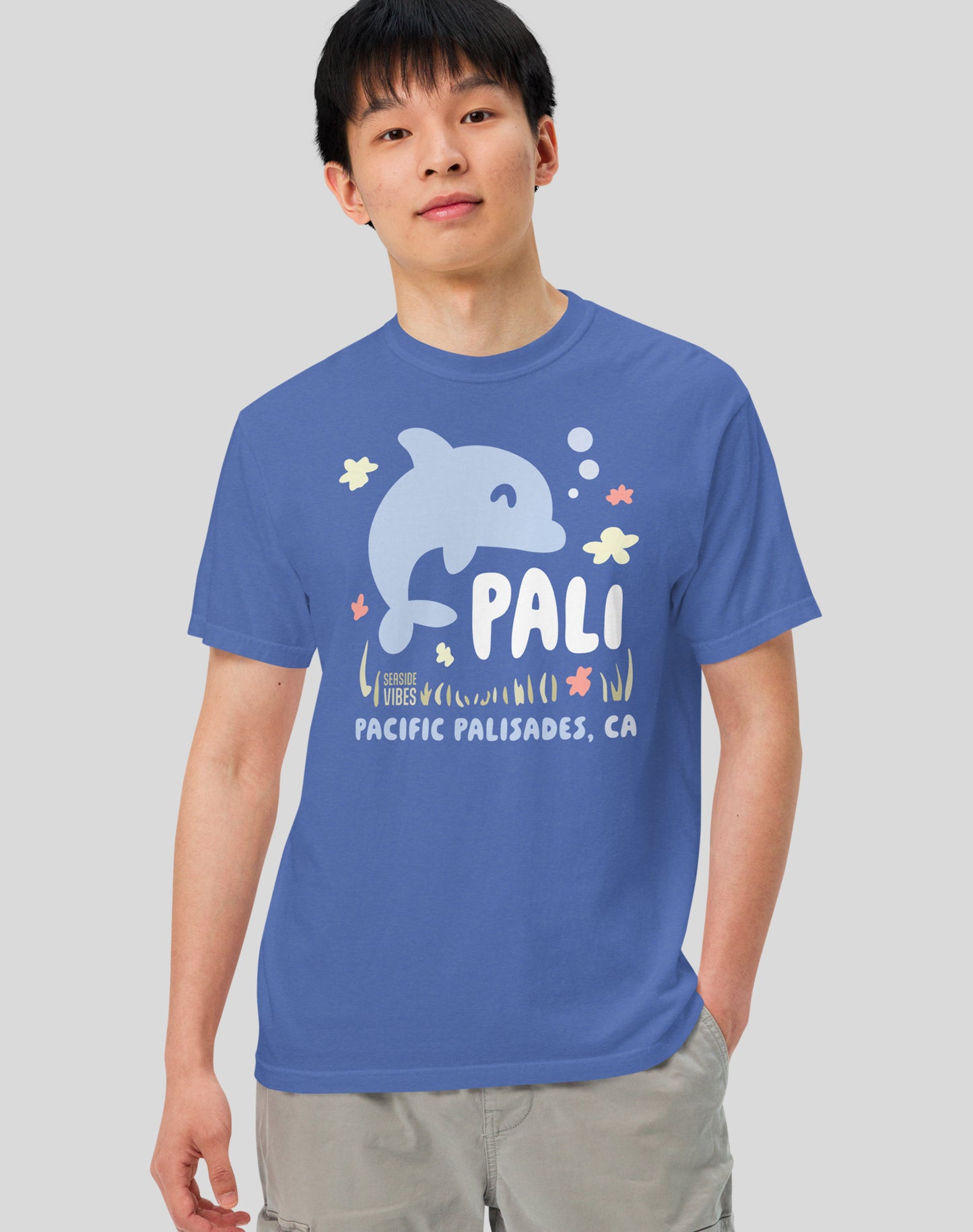 Unisex: Pacific Palisades Happy Dolphin Tee - 100% Cotton | Mystic Blue