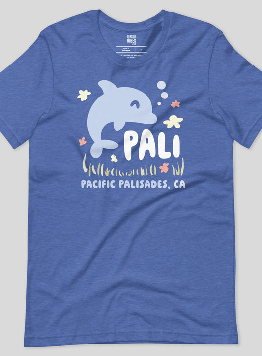 Unisex: Pacific Palisades Happy Dolphin Tee - Heather True Royal