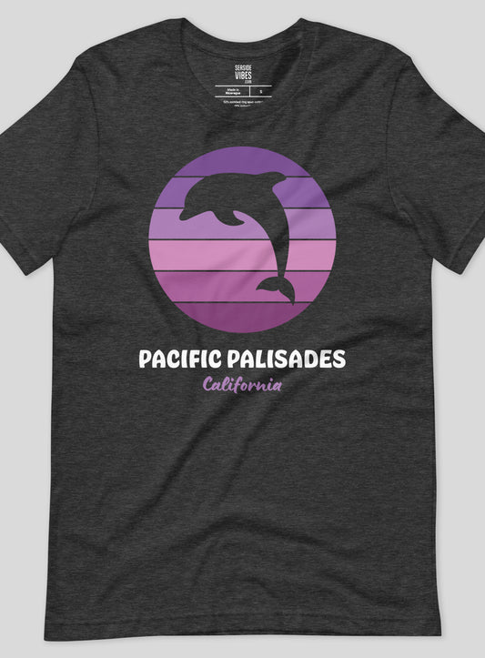Unisex: Pacific Palisades Dolphin Sunset Tee - Dark Grey Heather