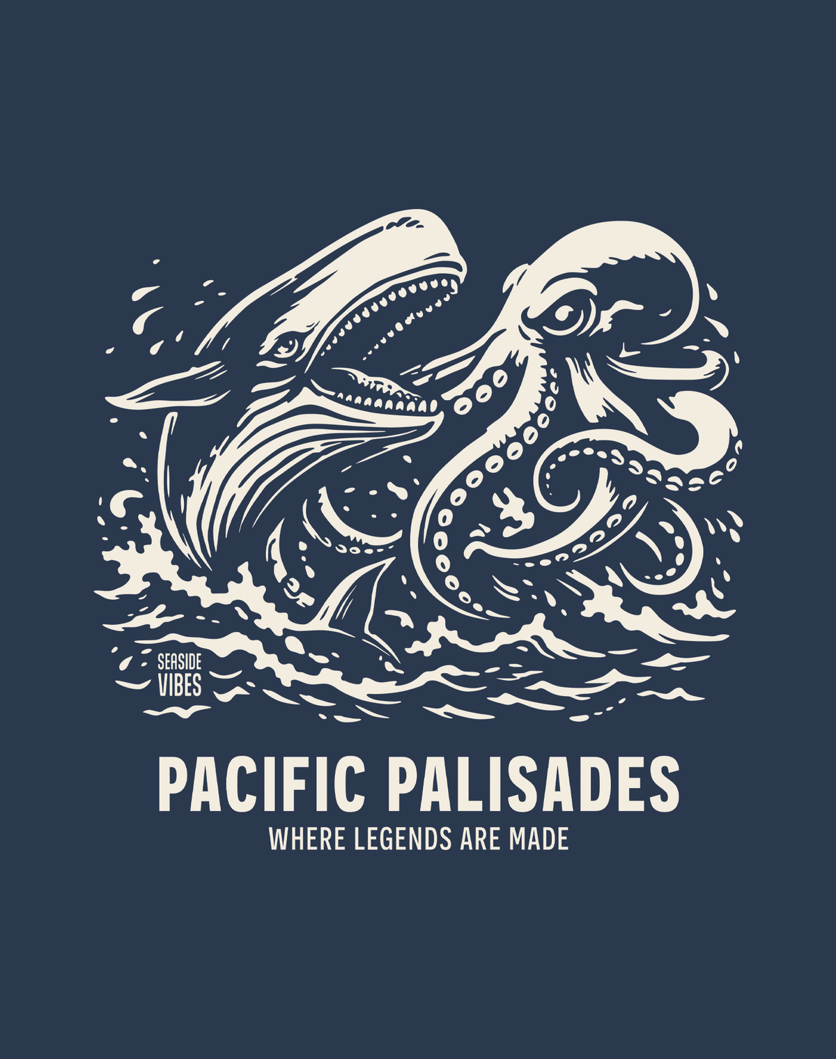 Pacific Palisades Octopus vs Whale Legends Tee - Cotton Blend | Midnight Navy