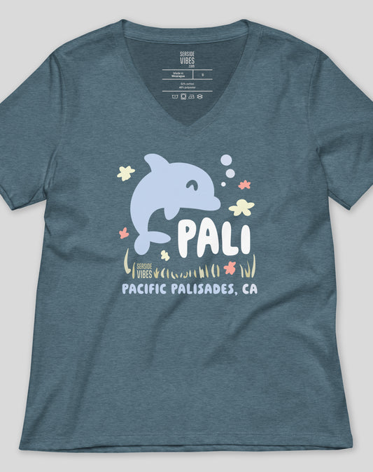 V-Neck: Pacific Palisades Happy Dolphin Tee - Heather Slate