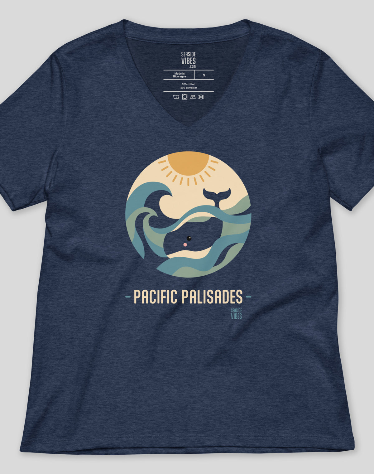 V-Neck: Pacific Palisades Whale Sunset Tee - Heather Navy