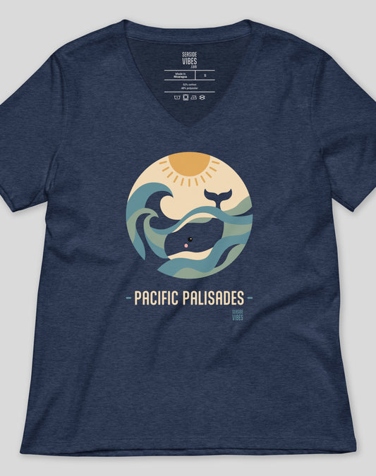 V-Neck: Pacific Palisades Whale Sunset Tee - Heather Navy