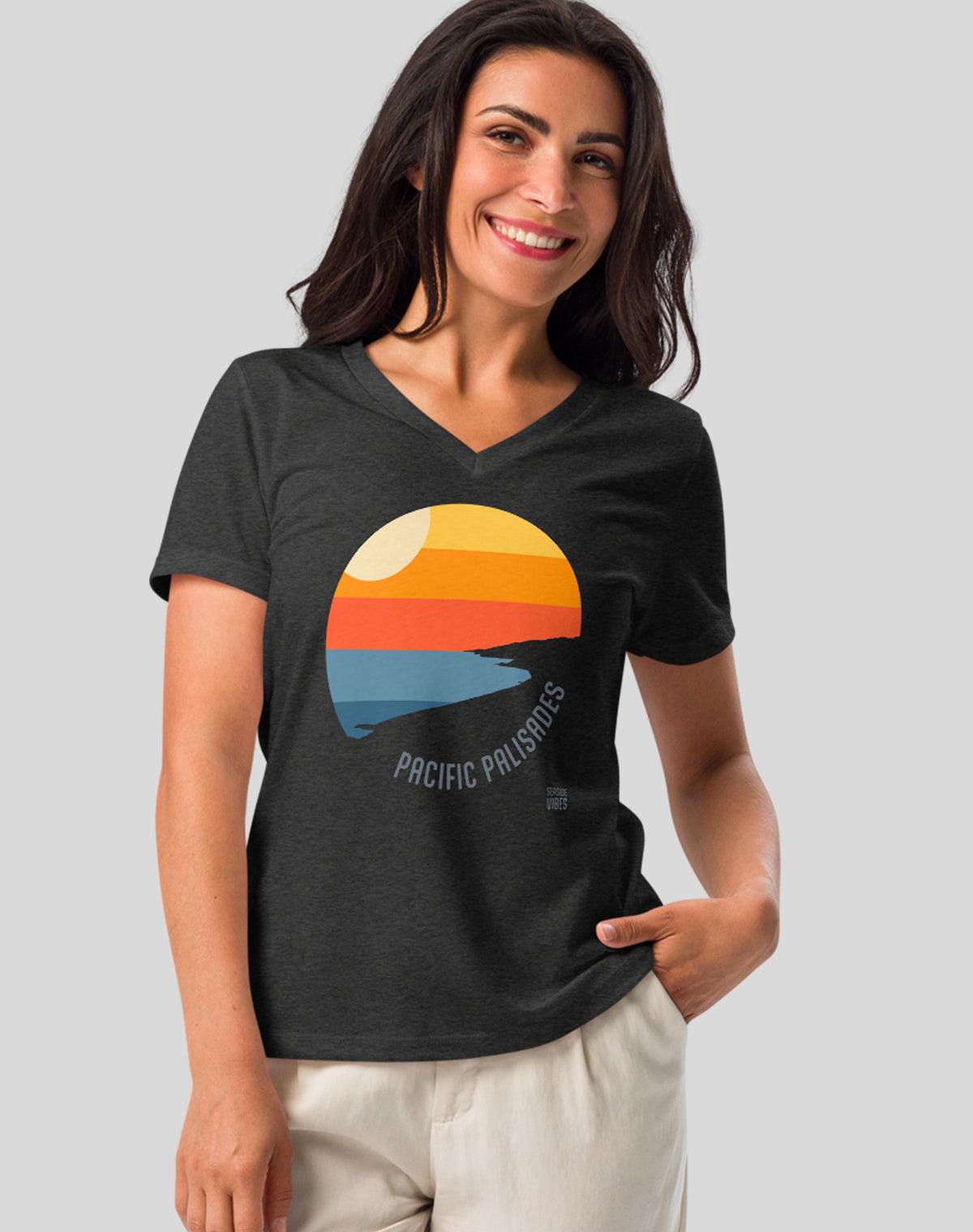 V-Neck: Pacific Palisades Sunset Tee - Dark Grey Heather