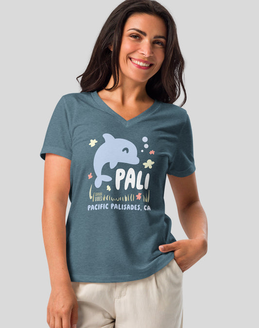 V-Neck: Pacific Palisades Happy Dolphin Tee - Heather Slate