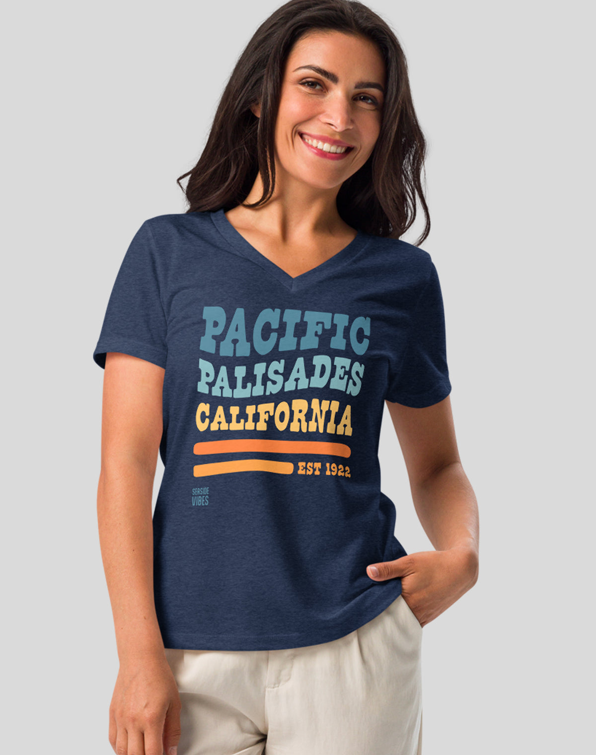 V-Neck: Pacific Palisades Waves Tee - Heather Navy