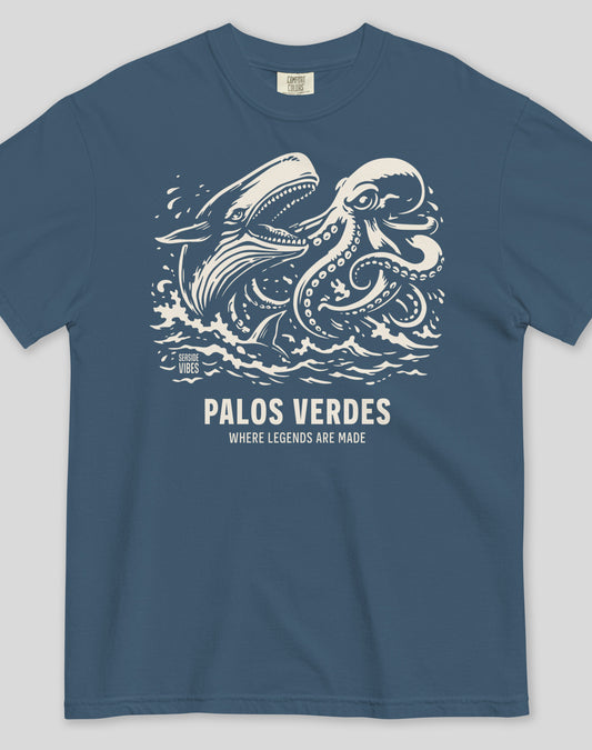 Unisex: Palos Verdes Octopus vs Whale Legends Tee - 100% Cotton | Midnight