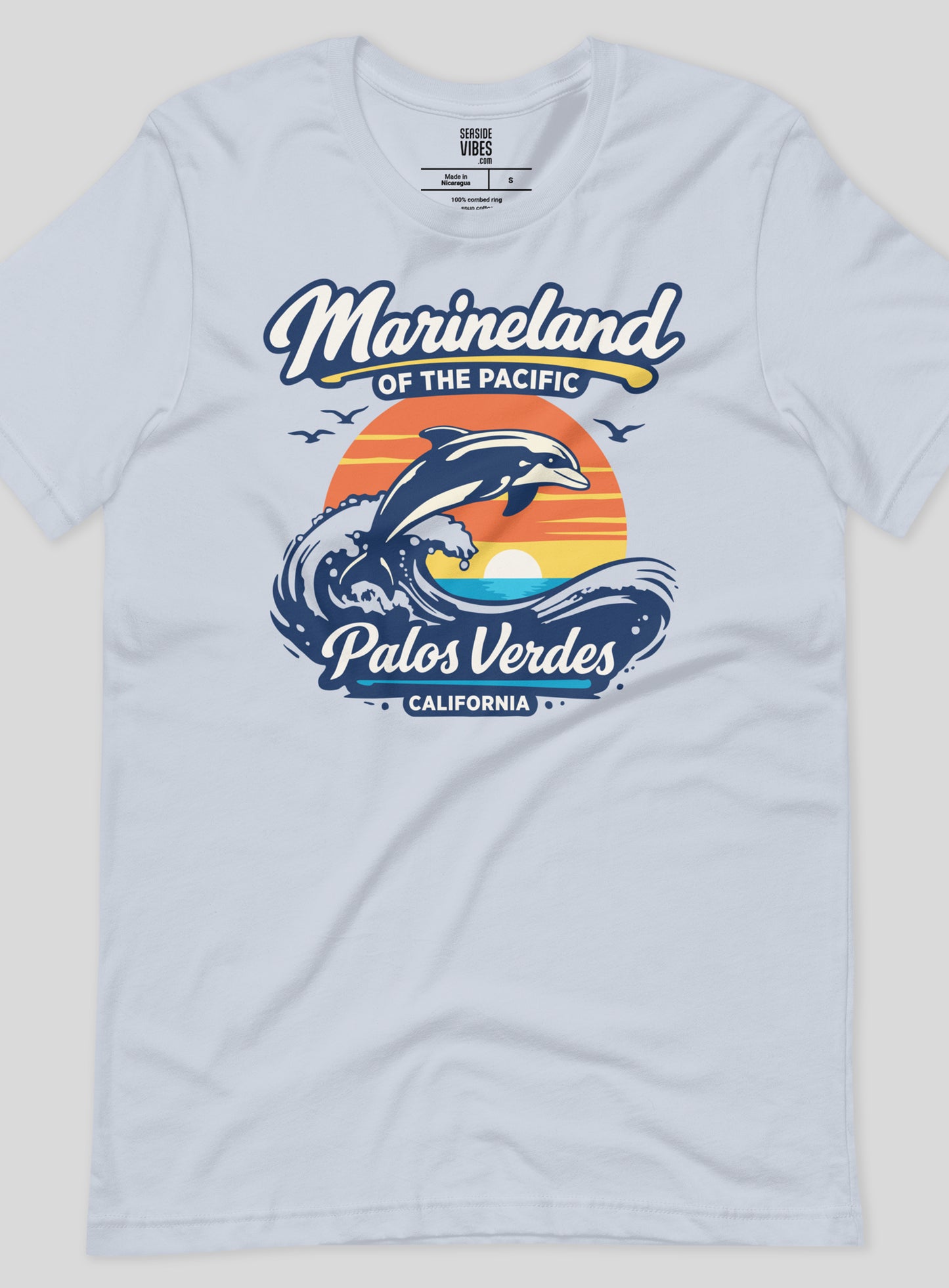 Unisex: Marineland of the Pacific Dolphin Sunset Tee - Light Blue
