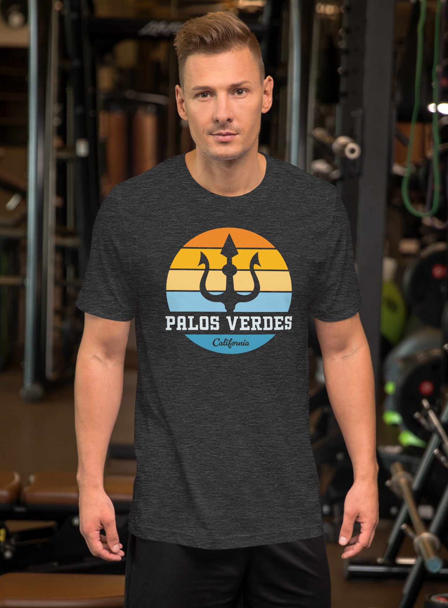 Unisex: Palos Verdes Trident Sunset Tee -  Dark Grey Heather