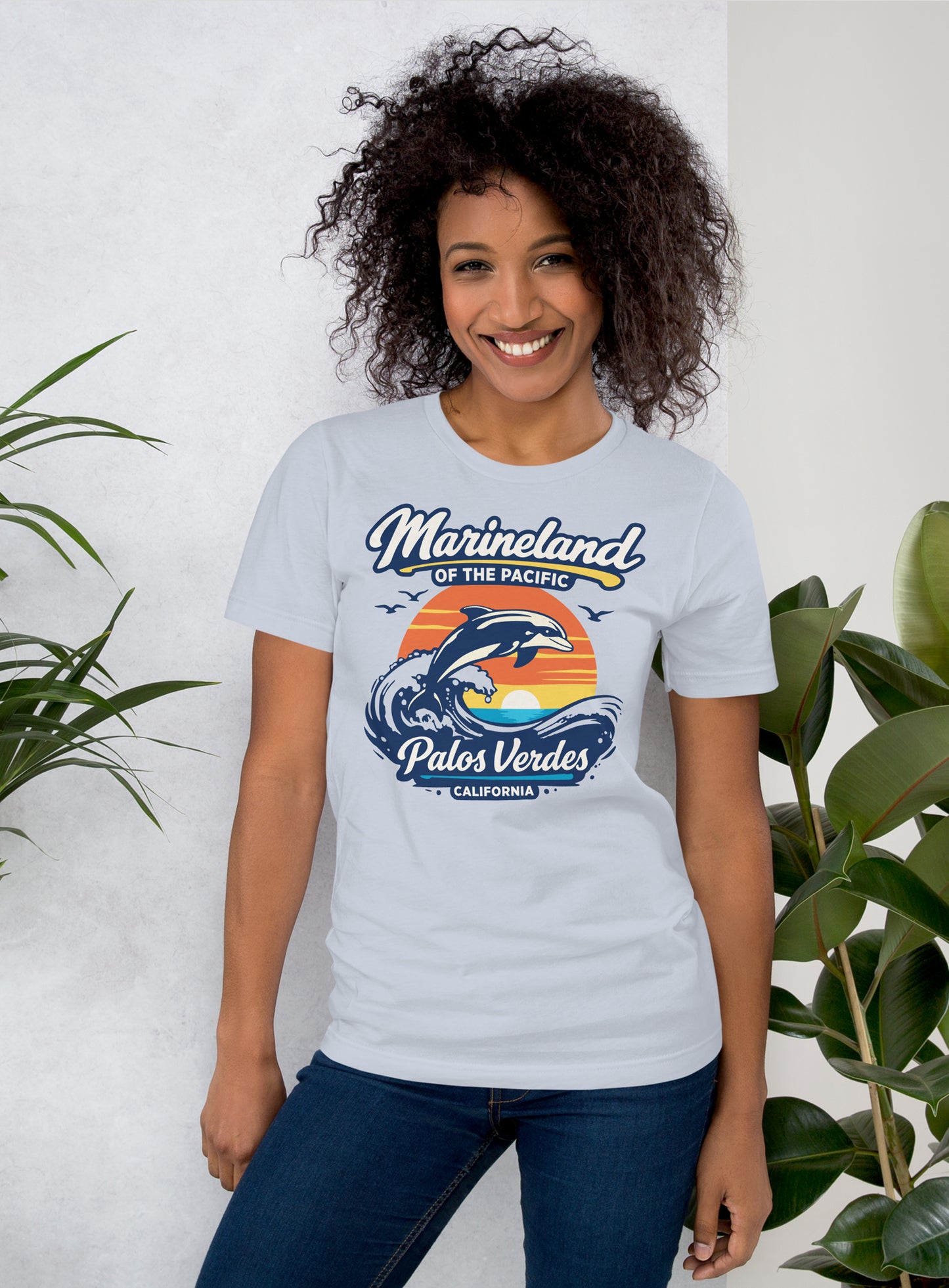 Unisex: Marineland of the Pacific Dolphin Sunset Tee - Light Blue