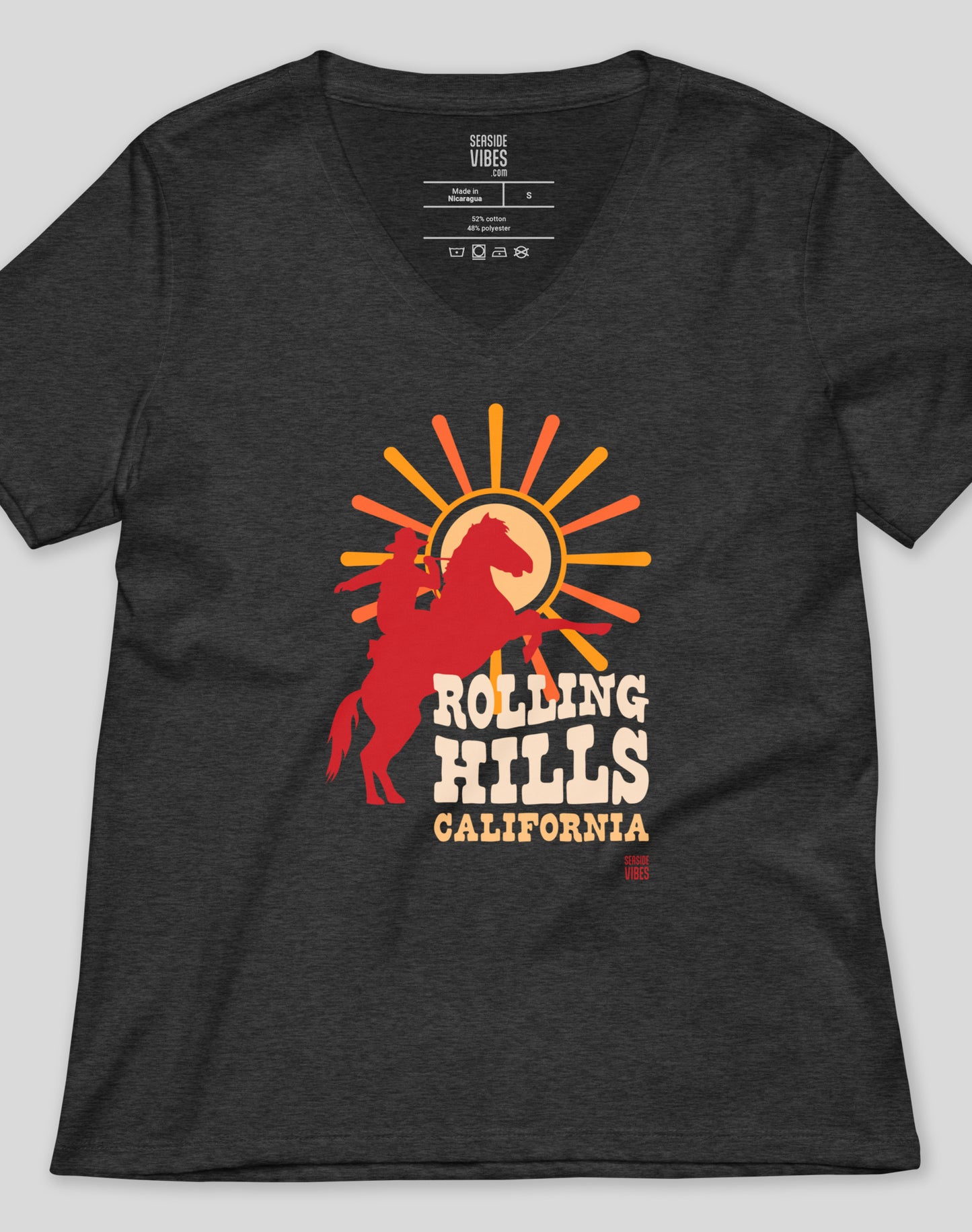 V-Neck: Rolling Hills Sunset Rodeo Tee | Dark Grey Heather