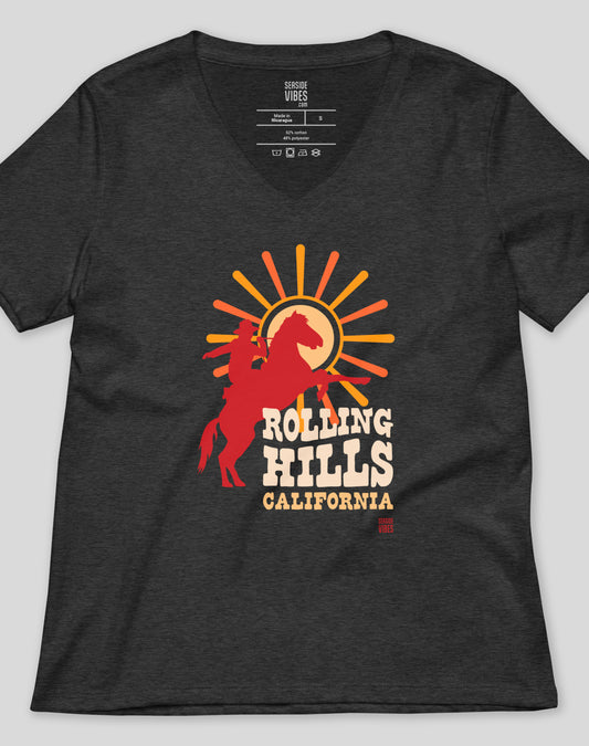 V-Neck: Rolling Hills Sunset Rodeo Tee | Dark Grey Heather