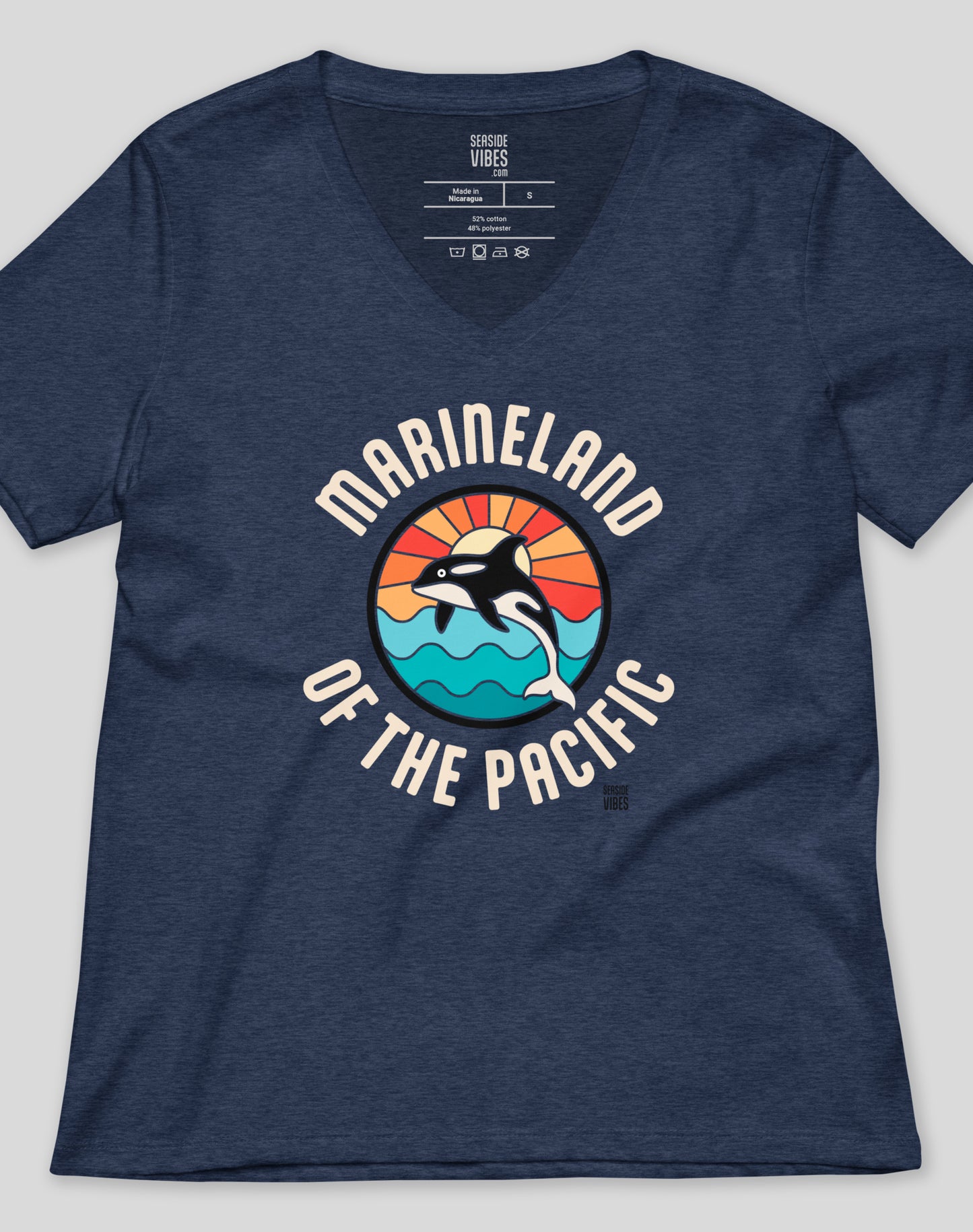 V-Neck: Marineland of the Pacific Retro Sunset Tee | Heather Navy