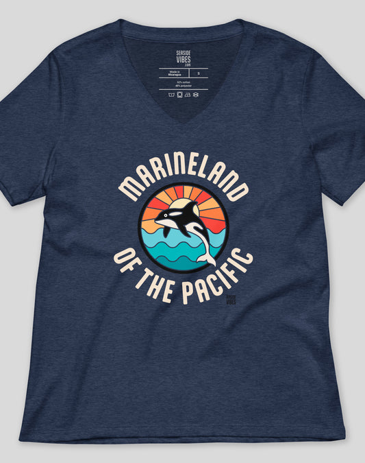 V-Neck: Marineland of the Pacific Retro Sunset Tee | Heather Navy