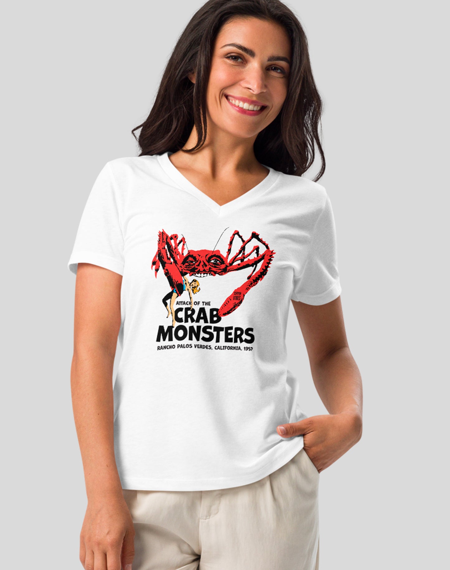 V-Neck: Attack of the Crab Monsters Tee | White