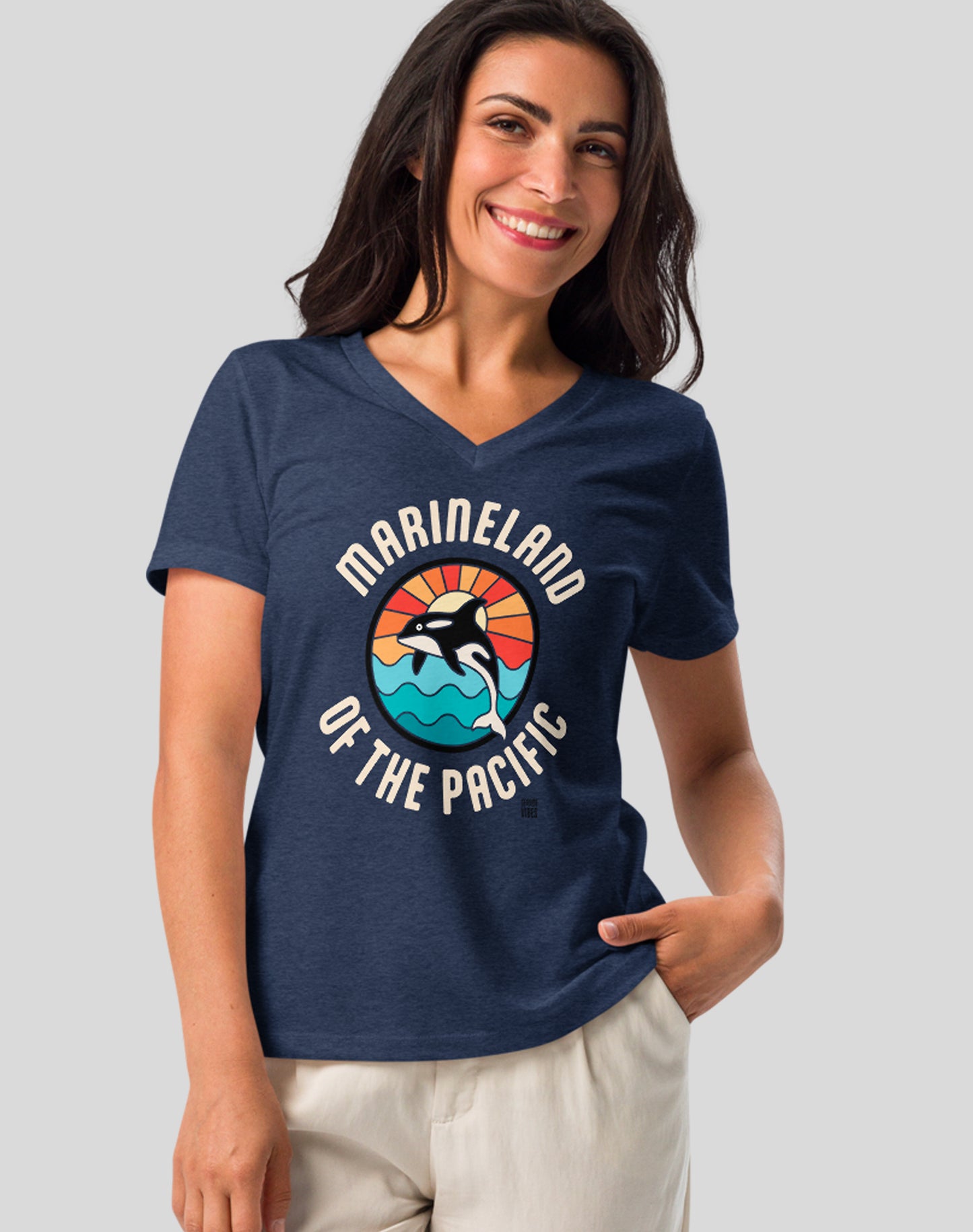 V-Neck: Marineland of the Pacific Retro Sunset Tee | Heather Navy