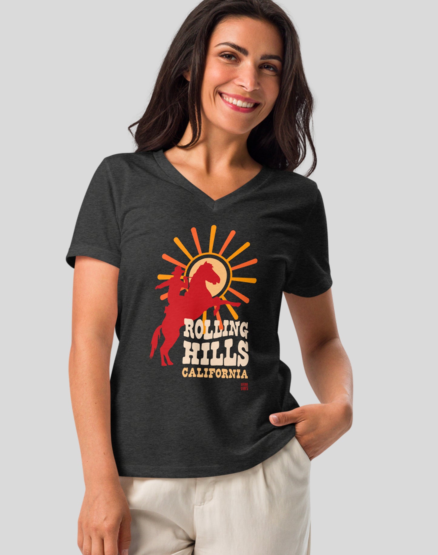 V-Neck: Rolling Hills Sunset Rodeo Tee | Dark Grey Heather