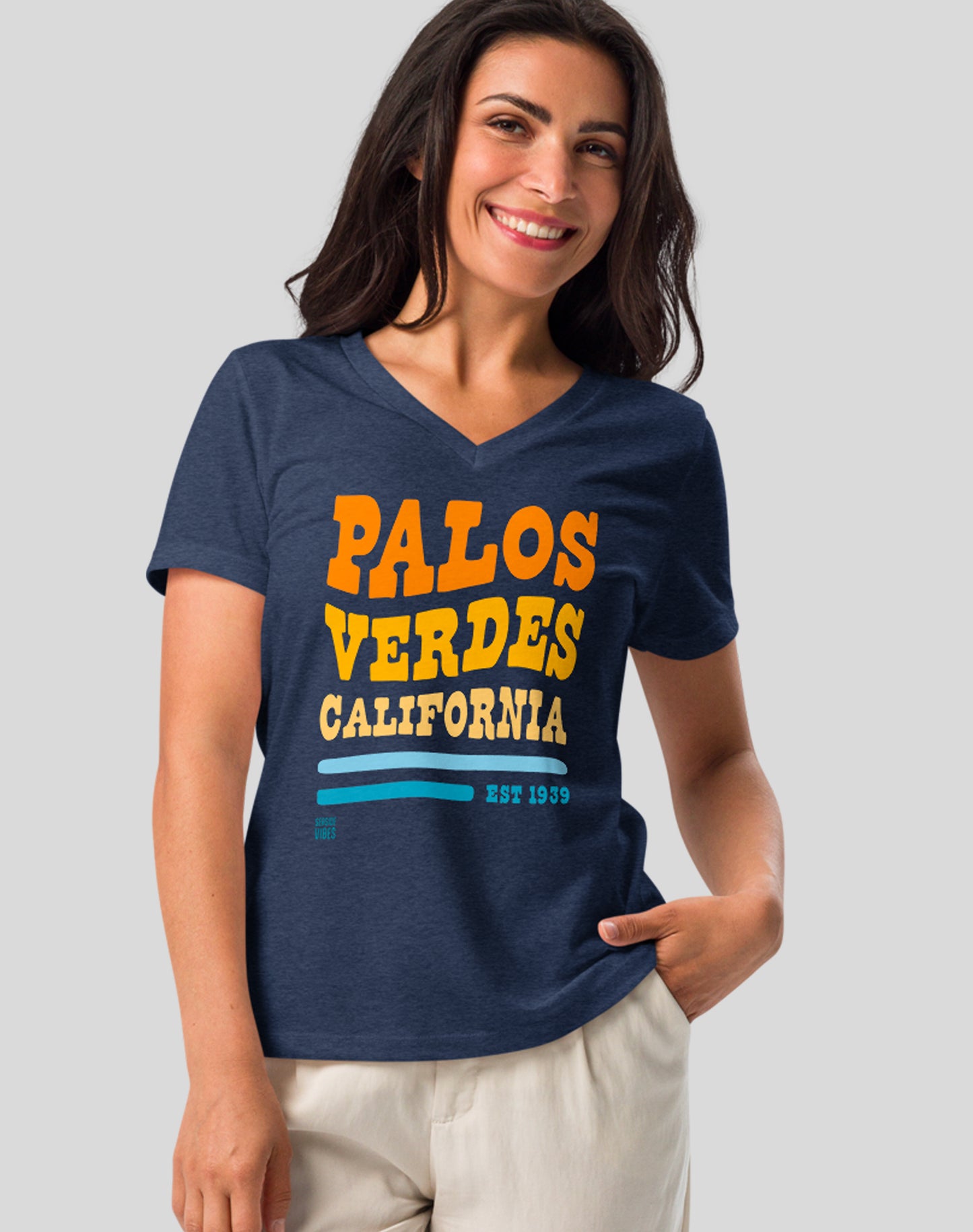 V-Neck: Palos Verdes Vibes Tee | Heather Navy