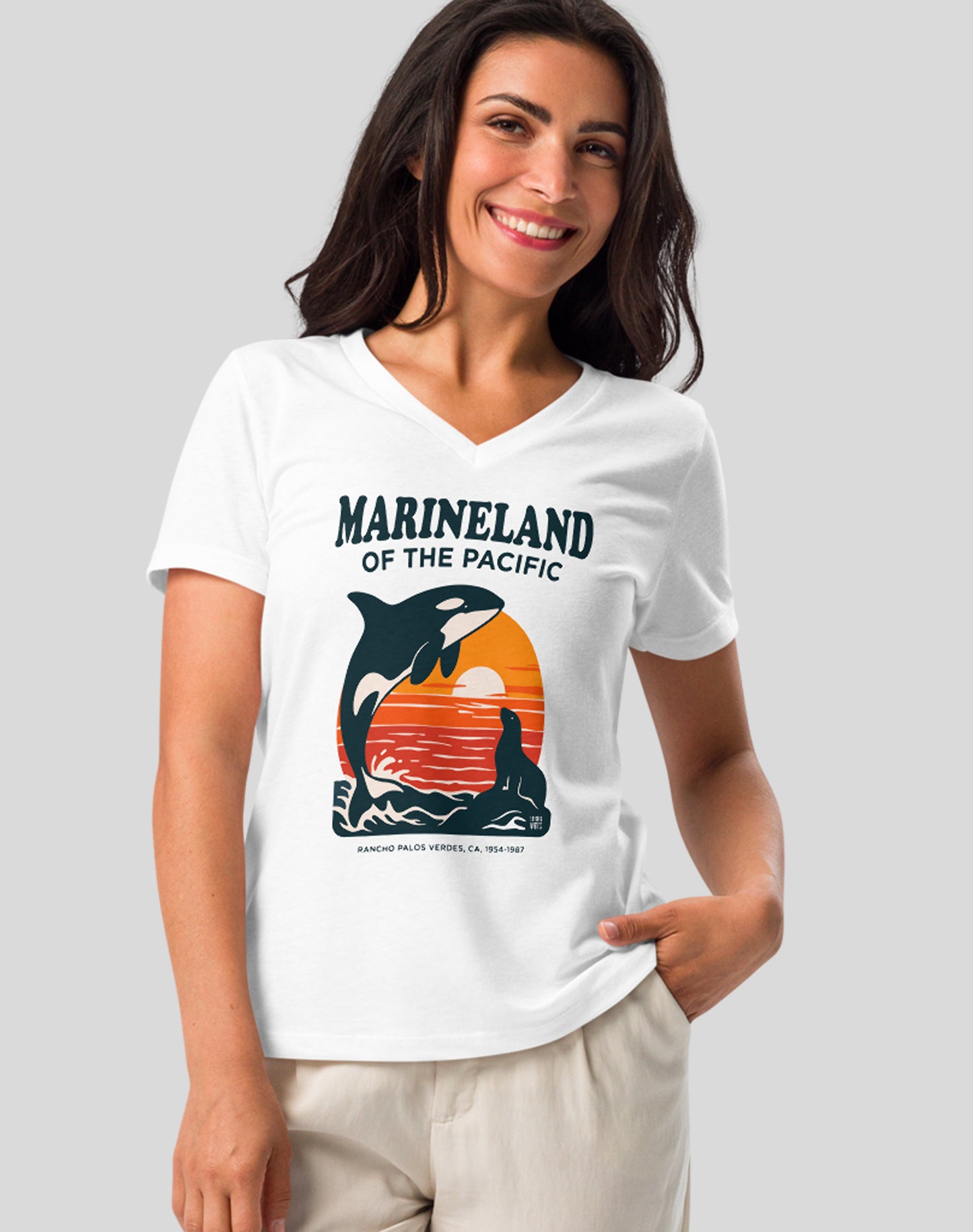V-Neck: Marineland of the Pacific Sunset Tee | White