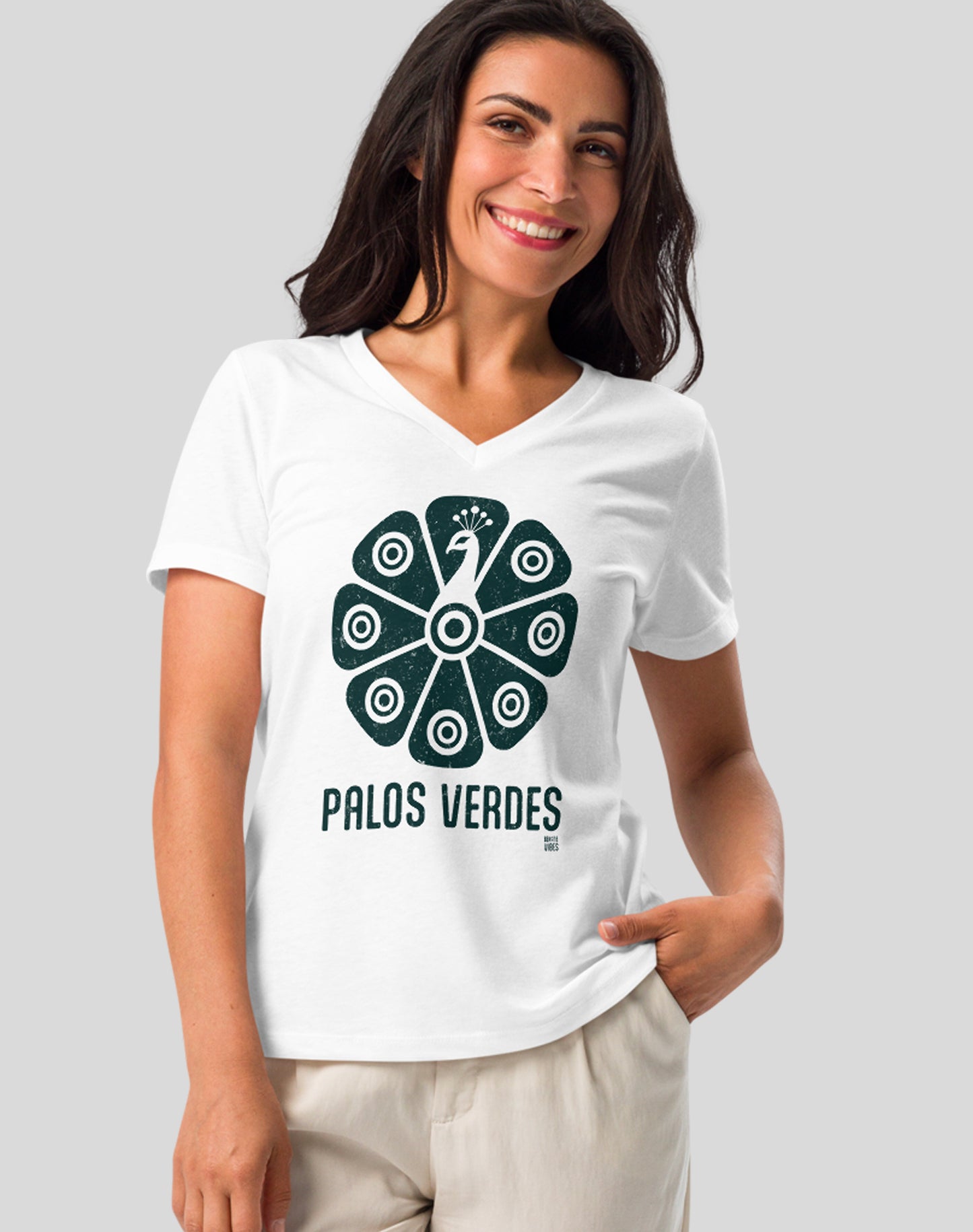 V-Neck: Palos Verdes Tribal Peacock Tee | White