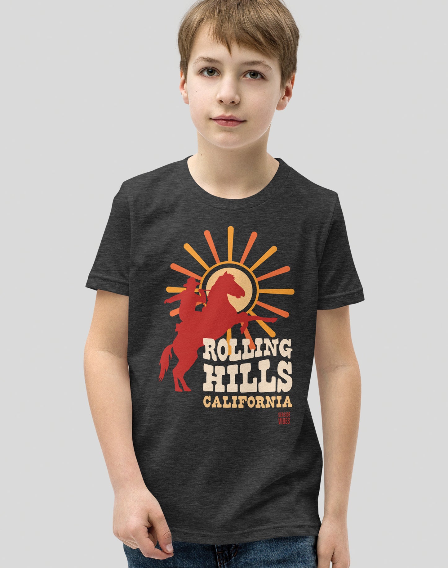 Youth: Rolling Hills California Sunset Rodeo Tee | Dark Grey Heather