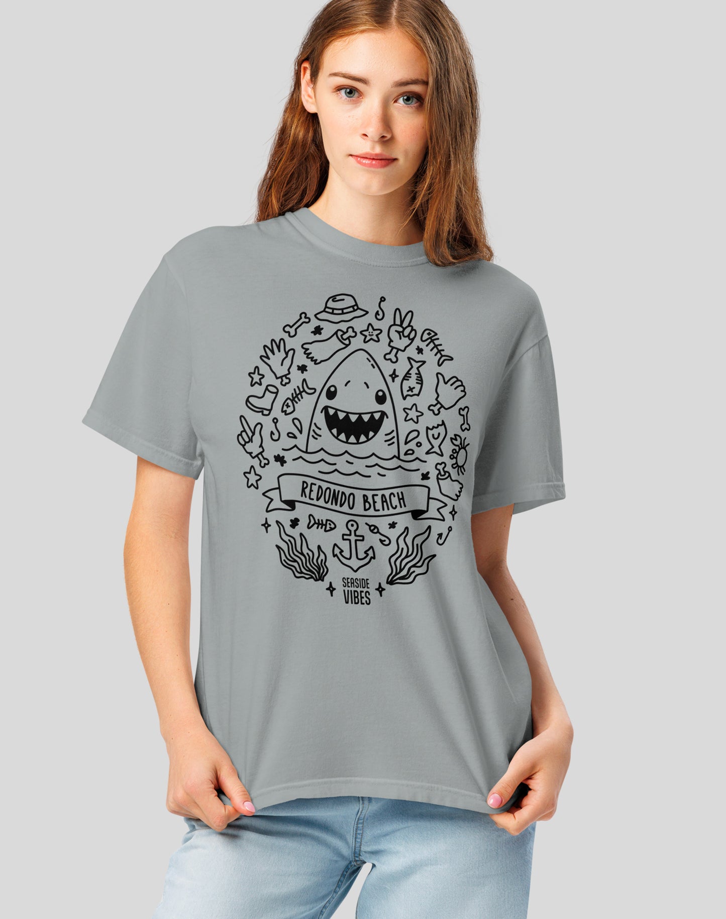 Unisex: Shark Attack Redondo Beach Tee - 100% Cotton | Granite