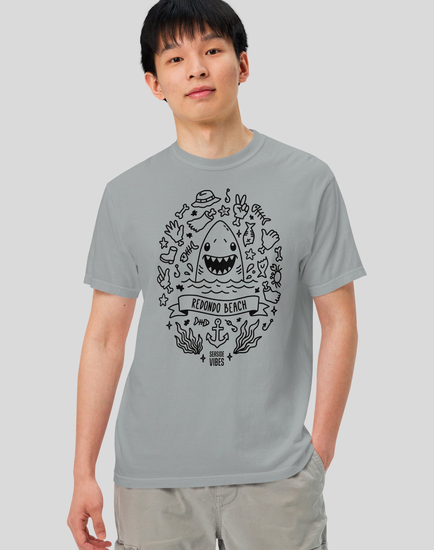 Unisex: Shark Attack Redondo Beach Tee - 100% Cotton | Granite