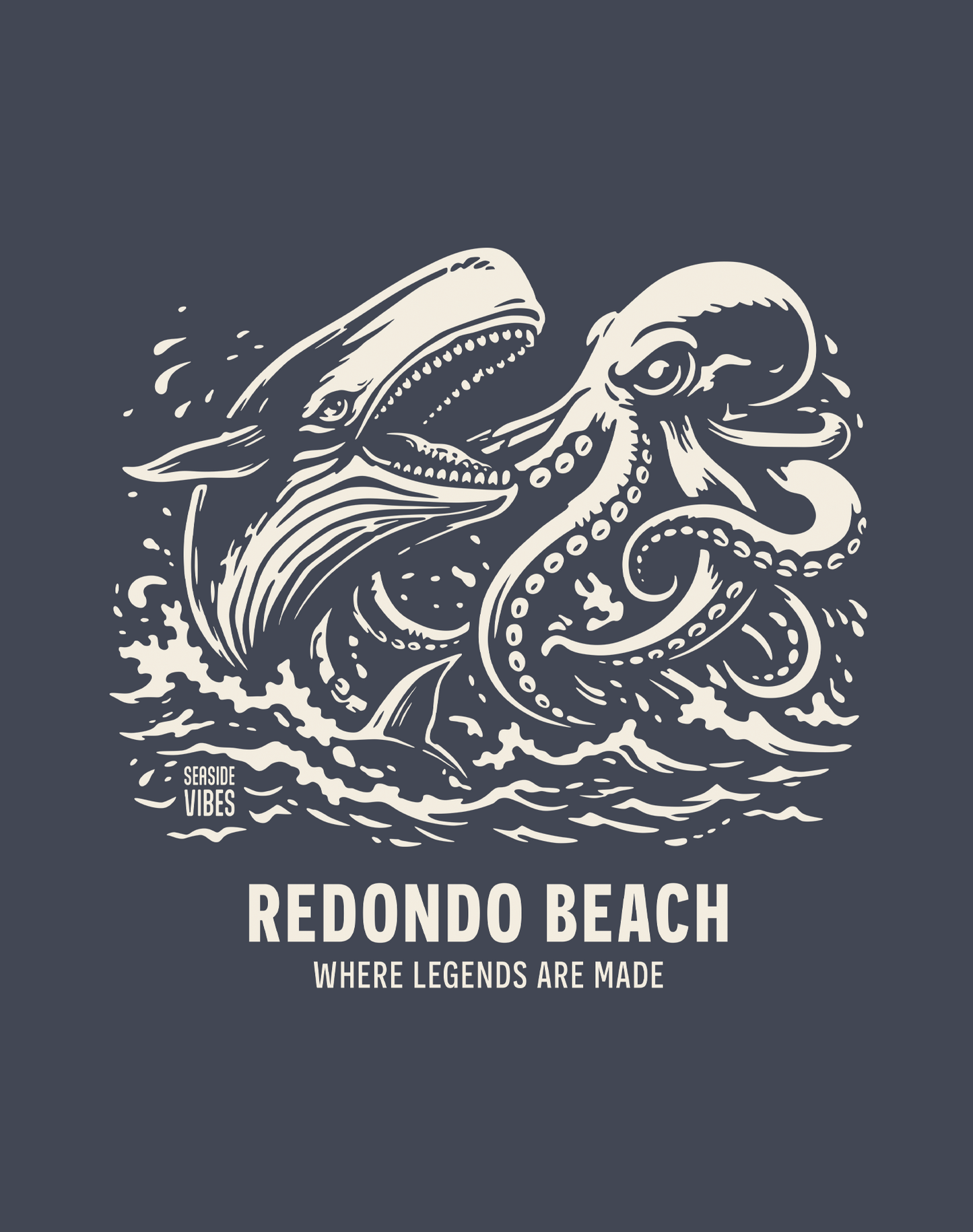 Unisex: Redondo Beach Octopus vs Whale Legends Tee | Heather Navy