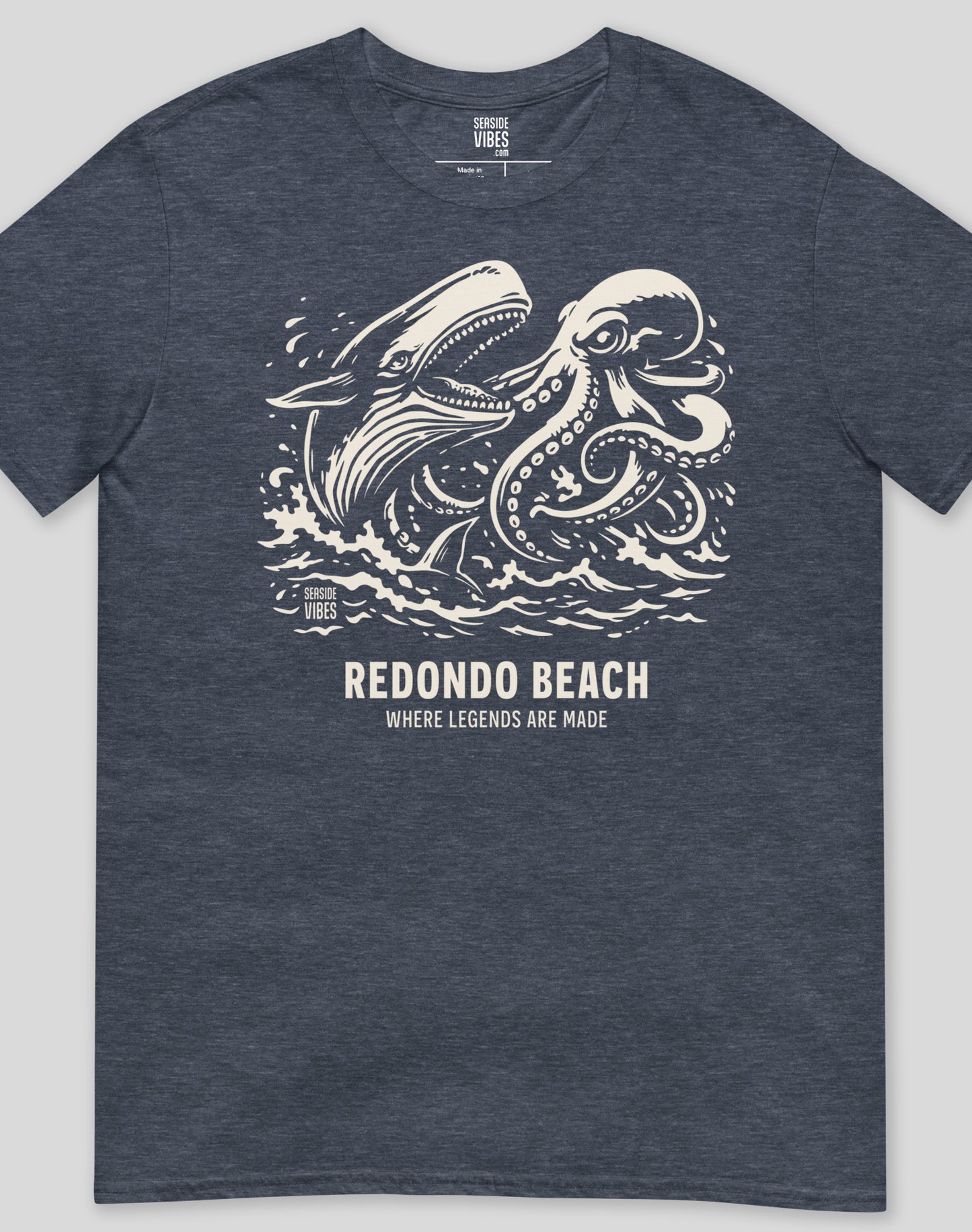 Unisex: Redondo Beach Octopus vs Whale Legends Tee | Heather Navy
